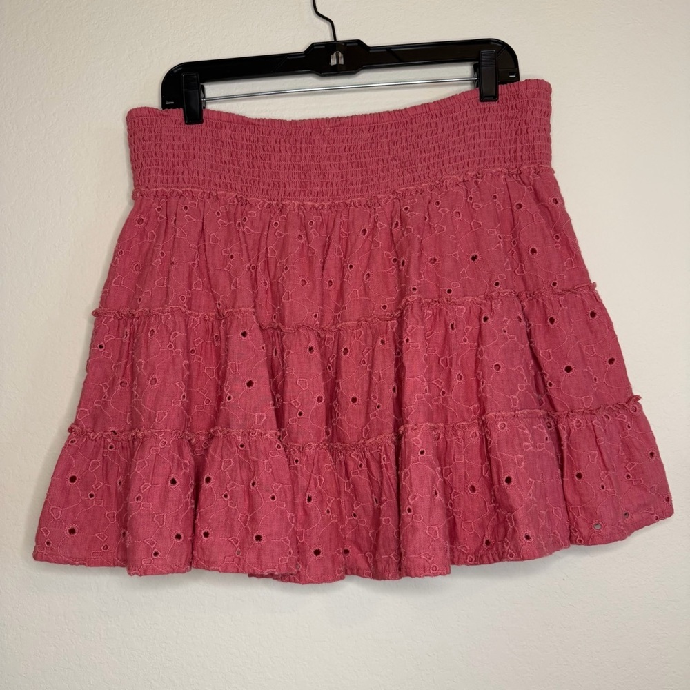 2/$30 American Eagle Outfitters Cotton Linen Pink  Eyelet Tiered Skater Skirt - Picture 4 of 9
